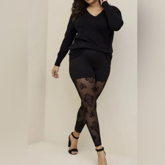 torrid Pants - Torrid Size 2 2X Full Length Geo Mask Lace Flocking Leggings Black NWT